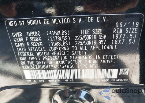 2019 Honda Hr-V Sport from USA, damaged, VIN 3CZRU6H12KG734630